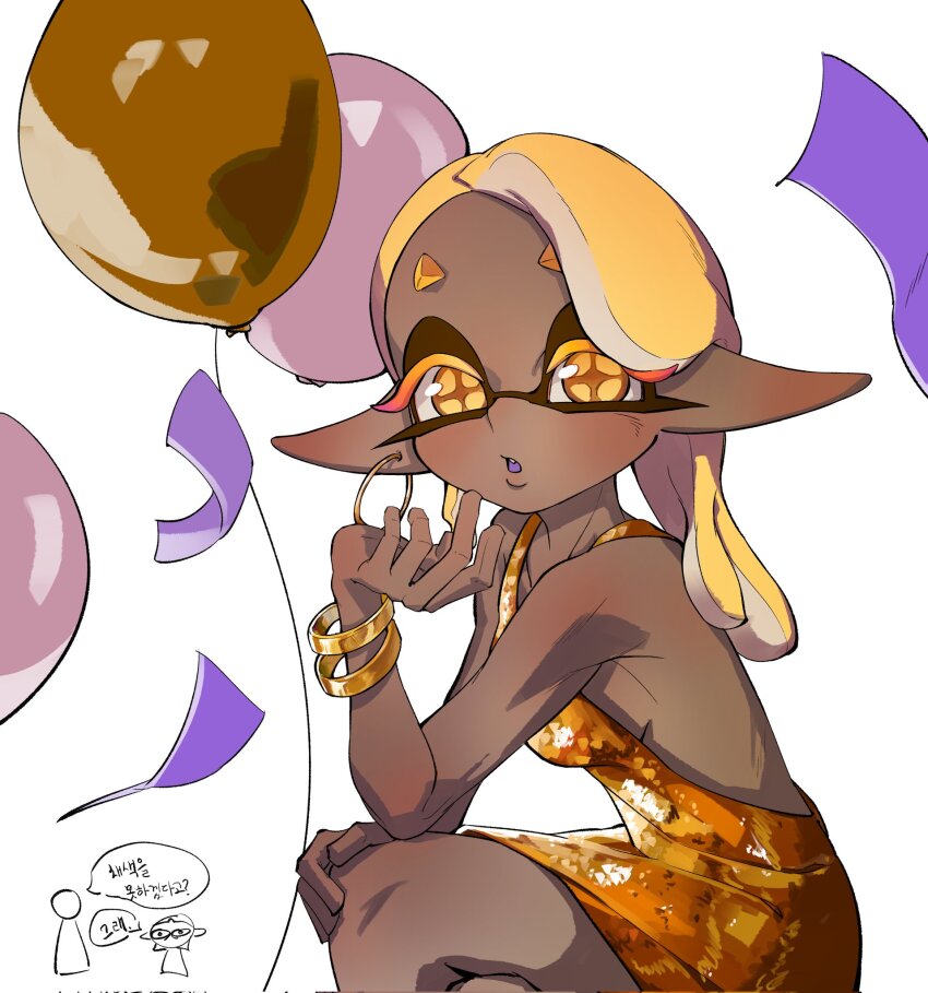 1girl balloon blonde_hair blush bracelet confetti dark-skinned_female dark_skin dress earrings frye_(splatoon) hoop_earrings inkling jewelry korean_text looking_at_viewer nintendo official_alternate_costume official_alternate_hairstyle parted_lips pointy_ears sitting solo splatoon_(series) splatoon_3 tentacle_hair yellow_eyes