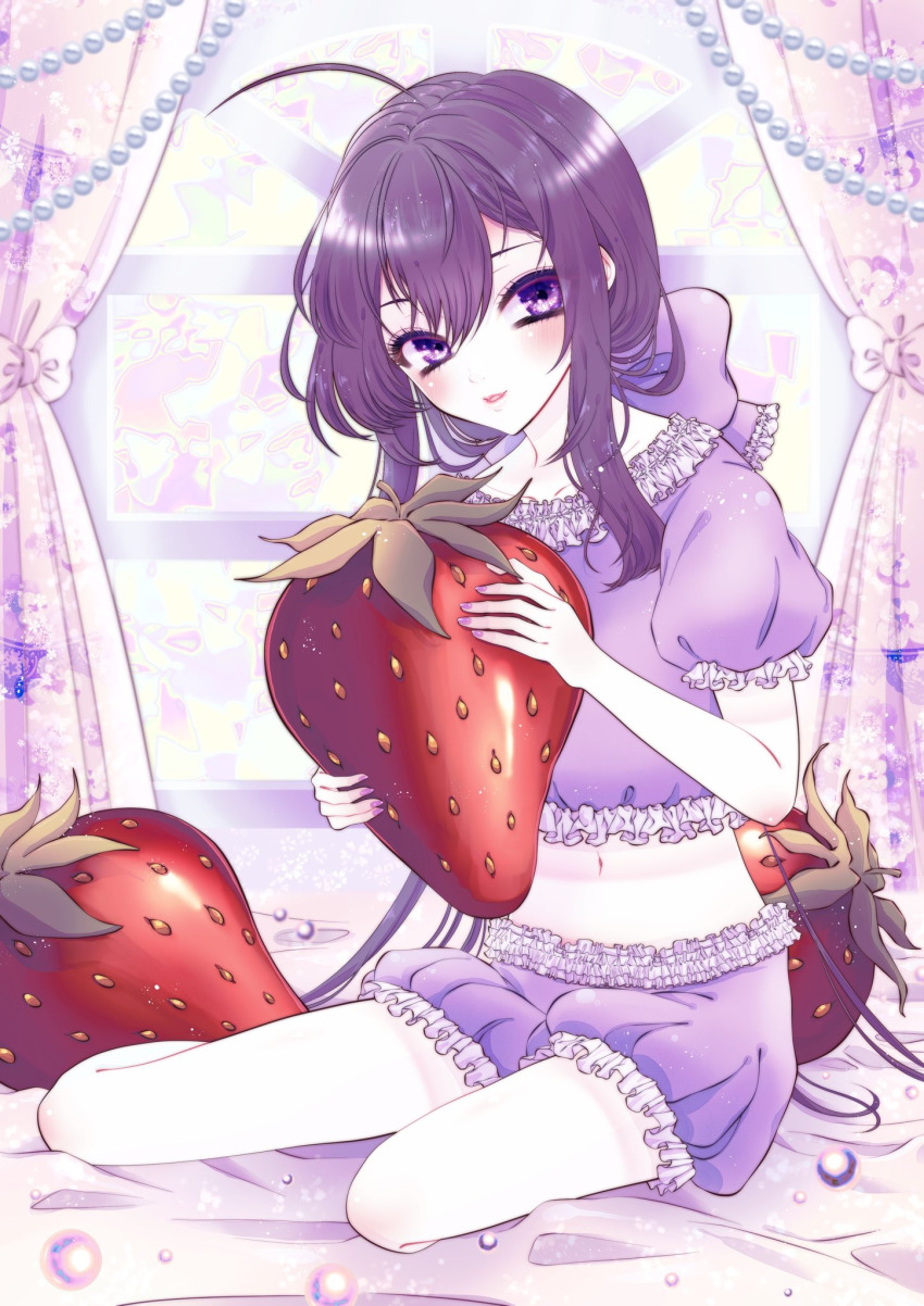 1boy ahoge androgynous black_hair blush bow bubble crop_top crossdressing curtains food frills fruit hair_ribbon highres jewelry lingerie lipstick long_hair makeup male_focus nail_polish namazuo_toushirou navel on_bed ponytail puffy_shorts puffy_sleeves purple_eyes ribbon shorts smile solo strawberry stuffed_toy thighs touken_ranbu toy trap underwear very_long_hair