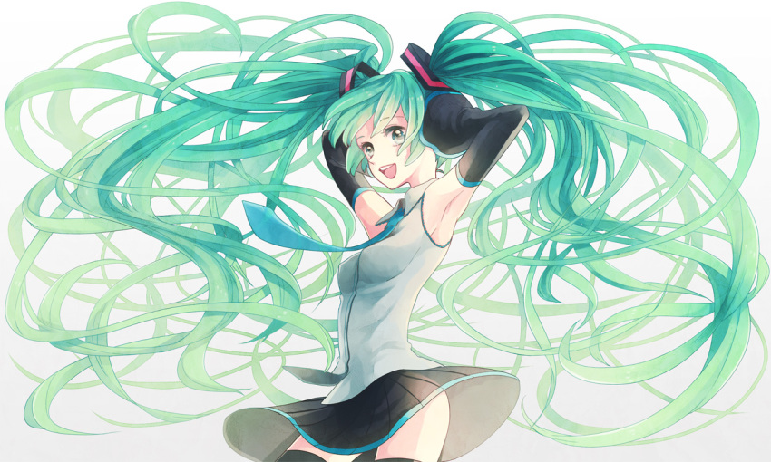 1girl aqua_eyes aqua_hair armpits arms_up bad_id bad_pixiv_id detached_sleeves female_focus hatsune_miku long_hair maico_(a218) necktie solo thighhighs twintails very_long_hair vocaloid white_background