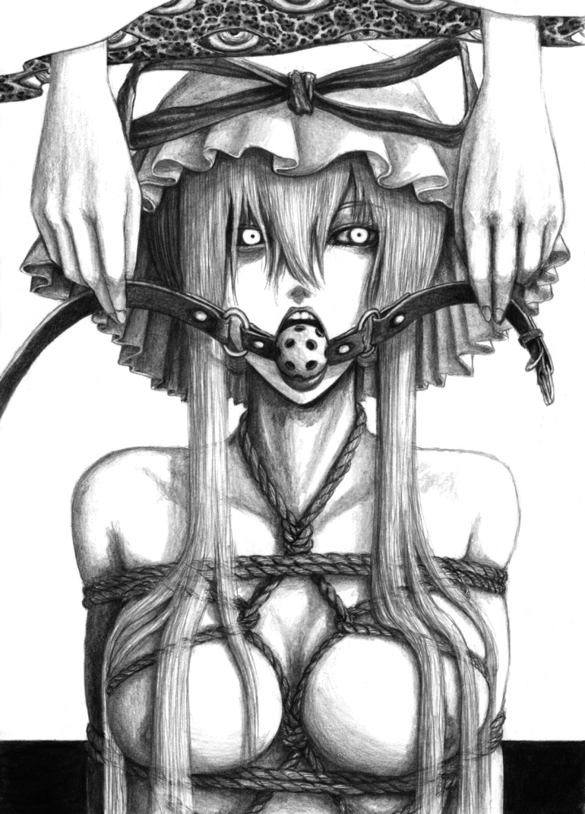 1girl bad_id bad_pixiv_id ball_gag bdsm bondage bound breasts female_focus gag gagged gagging gap_(touhou) graphite_(medium) greyscale hair_over_breasts hane_(azelye) hat highres large_breasts long_hair monochrome nipples rope self_bondage shibari solo touhou traditional_media upper_body wiffle_gag yakumo_yukari