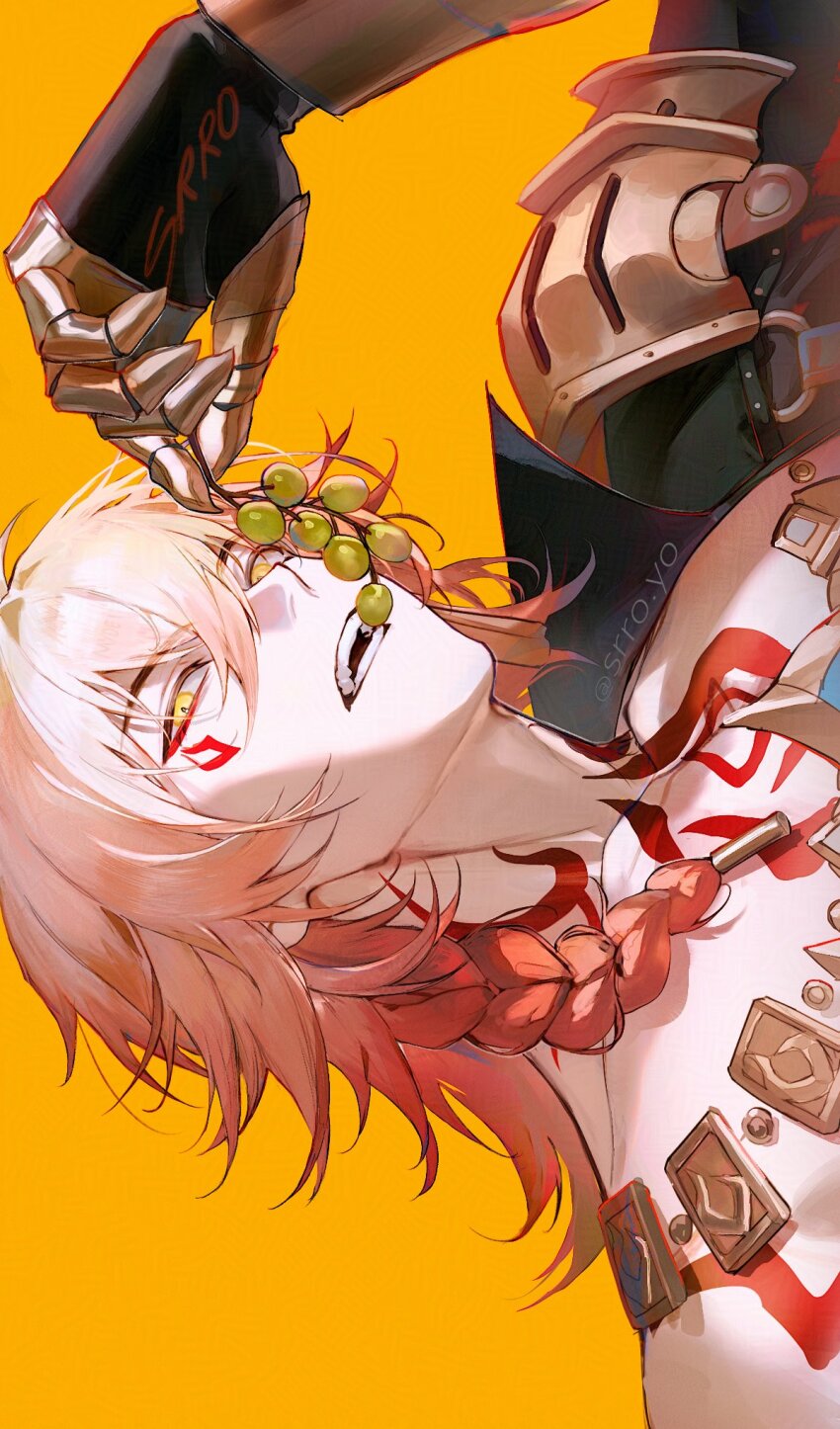 1boy armor armored_gloves artist_name black_coat blonde_hair braid chest_tattoo coat earrings facial_tattoo food fruit gold_earrings gold_necklace gradient_hair grapes hair_between_eyes hand_up highres holding holding_food honkai:_star_rail honkai_(series) jewelry male_focus medium_hair multicolored_hair mydei_(honkai:_star_rail) necklace open_clothes open_coat open_mouth orange_eyes pauldrons red_hair red_tattoo shoulder_armor side_braid sideways single_pauldron solo srro_yo tattoo teeth yellow_background