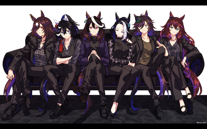 6+girls ahoge alternate_costume animal_ears black_footwear black_hair black_jacket black_pants black_shirt black_vest blue_eyes breasts brown_hair brown_shirt closed_eyes closed_mouth collared_shirt couch crossed_arms crossed_legs ear_covers earrings frown fur-trimmed_jacket fur_trim green_eyes hair_between_eyes hair_ornament hairclip hat high_heels highres horse_ears horse_girl horse_tail jacket jagaimobeniko jewelry katsuragi_ace_(umamusume) letterboxed loafers long_hair long_sleeves looking_at_viewer maruzensky_(umamusume) medium_breasts mejiro_ramonu_(umamusume) mini_hat mini_top_hat mr._c.b._(umamusume) multicolored_hair multiple_girls open_clothes open_jacket open_mouth own_hands_together pants pink_eyes ponytail purple_jacket red_eyes salute shadow shirt shoes short_hair single_earring sirius_symboli_(umamusume) sitting small_breasts smile sneakers streaked_hair symboli_rudolf_(umamusume) tail top_hat twitter_username two-finger_salute umamusume vest