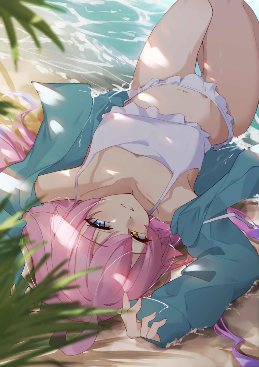 1girl ahoge armpits beach bikini blue_archive blue_eyes blue_jacket blurry collarbone commentary_request depth_of_field frilled_bikini frills hair_between_eyes halo heterochromia highres hoshino_(blue_archive) jacket long_hair looking_at_viewer looking_up low_twintails lying navel ocean official_alternate_costume official_alternate_hairstyle on_back open_clothes open_jacket outdoors parted_lips pink_hair sidelocks solo stomach swimsuit twintails wannu white_bikini yellow_eyes