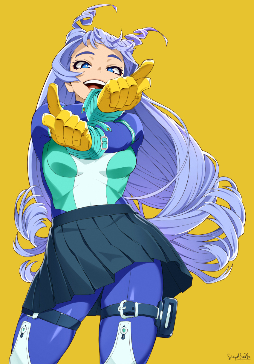 1girl :d absurdres blue_bodysuit blue_eyes blue_hair bodysuit boku_no_hero_academia drill_hair gloves green_bodysuit hado_nejire hair_horns highres long_hair looking_at_viewer multicolored_bodysuit multicolored_clothes open_mouth outstretched_arms pouch simple_background smile solo stayaliveplz superhero_costume teeth thigh_pouch thigh_strap twin_drills yellow_background yellow_gloves