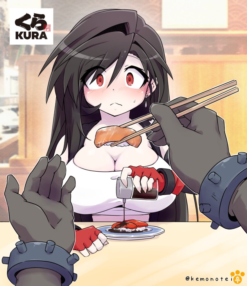 1boy 1girl bare_shoulders black_hair black_sleeves blurry blurry_background blush bracelet breasts brown_gloves chaotic_dragon chopsticks cleavage closed_mouth cloud_strife commentary crop_top detached_sleeves earrings feeding final_fantasy final_fantasy_vii food gloves hair_between_eyes highres holding holding_chopsticks indoors jewelry kura_sushi large_breasts long_hair looking_at_viewer pov pov_hands red_eyes red_gloves single_earring soy_sauce sushi suspenders sweatdrop table tank_top tifa_lockhart twitter_username upper_body white_tank_top