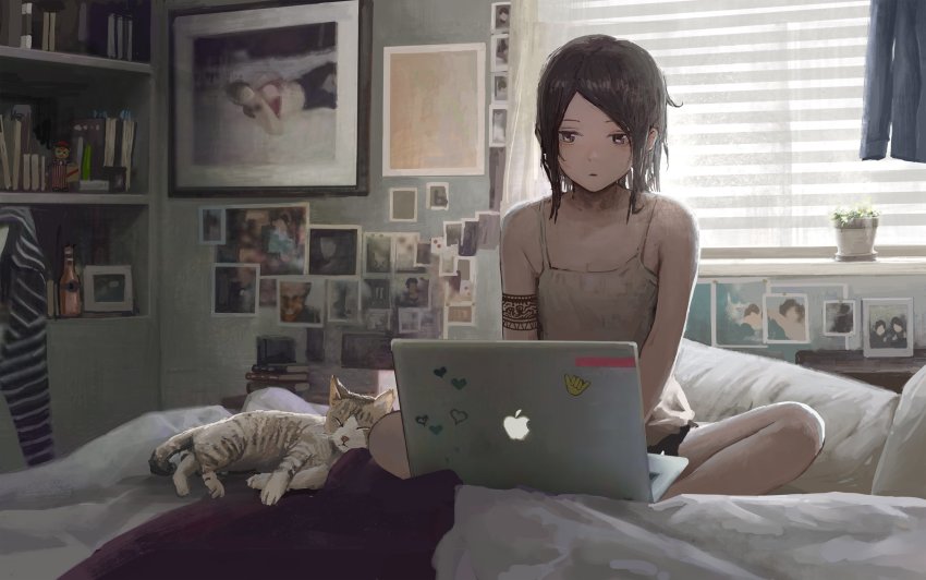 1girl aphex_twin apple_(company) bad_id bad_twitter_id bed bedroom black_hair cat computer highres indoors laptop macbook on_bed original plant richard_d._james_album short_hair sitting tattoo tomiya_(tomiya2117) window