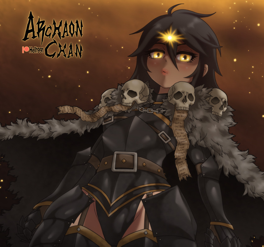 1girl absurdres archaon_the_everchosen armored_leotard black_hair brown_sky cape character_name cloud cloudy_sky fur_cape gauntlets glowing glowing_eyes hellcross_(dkrejd2000) highres leotard looking_at_viewer outdoors short_hair skull sky solo warhammer_fantasy yellow_eyes