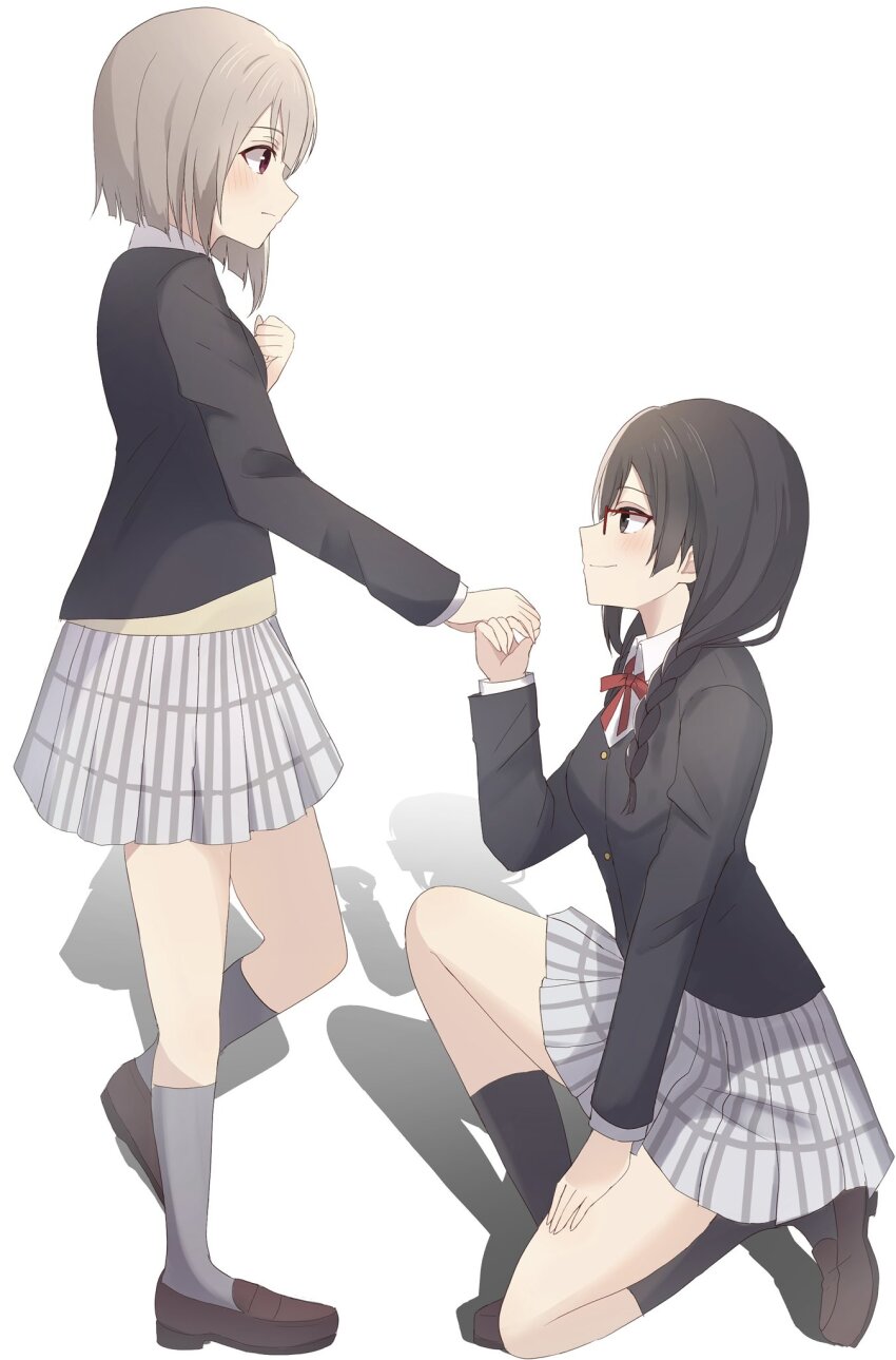 2girls black_hair black_jacket black_socks blush brown_shoes closed_mouth commentary grey_hair grey_skirt grey_socks highres holding_hands jacket kiruto_(artar_12) kneehighs loafers long_hair love_live! love_live!_nijigasaki_high_school_idol_club multiple_girls nakagawa_nana nakasu_kasumi neck_ribbon nijigasaki_school_uniform plaid_clothes plaid_skirt pleated_skirt red_eyes red_ribbon ribbon school_uniform shoes short_hair simple_background skirt smile socks white_background yuki_setsuna yuki_setsuna_(love_live!) yuri