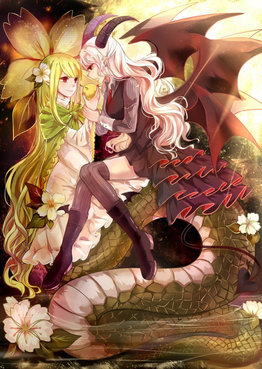 2girls absurdres apple black_footwear boots cape demon_girl demon_tail demon_wings earrings fangs flower food fruit funamusea green_apple green_hair haiiro_teien hair_flower hair_ornament highres holding_another&#039;s_wrist horns jewelry lamia layered_skirt long_hair long_sleeves monster_girl multiple_girls nail_polish necktie open_mouth pointy_ears red_eyes red_nails reficul shoes silver_hair sin_(funamusea) skirt tail very_long_hair vest wife_and_wife winged_footwear wings xinghuo yuri