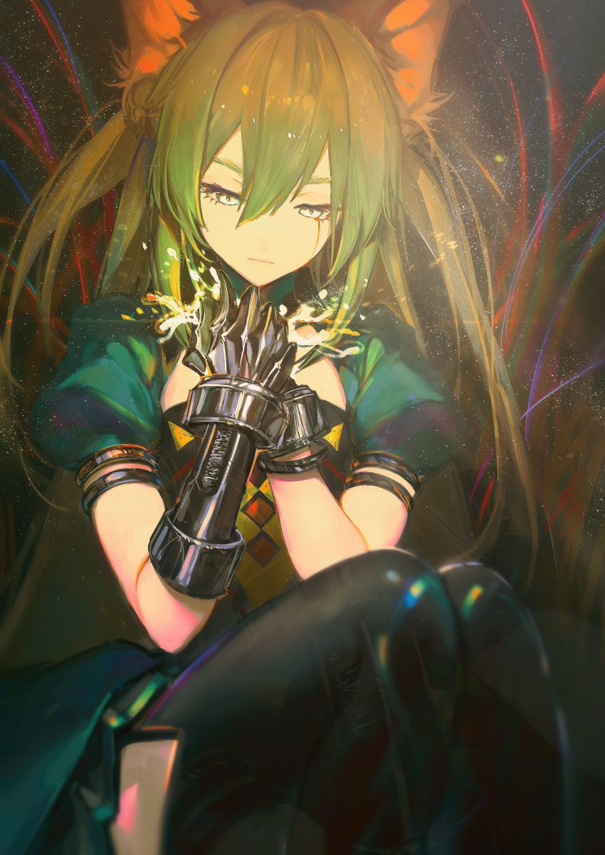 1girl absurdres animal_ears atalanta_(fate) black_thighhighs blonde_hair blood bloody_tears cat_ears closed_mouth fate/apocrypha fate/grand_order fate_(series) gauntlets gradient_hair green_hair hair_between_eyes half-closed_eyes highres hoojiro light_particles long_hair looking_at_viewer looking_down multicolored_hair puffy_short_sleeves puffy_sleeves sad short_sleeves sitting solo thick_eyebrows thighhighs tsurime