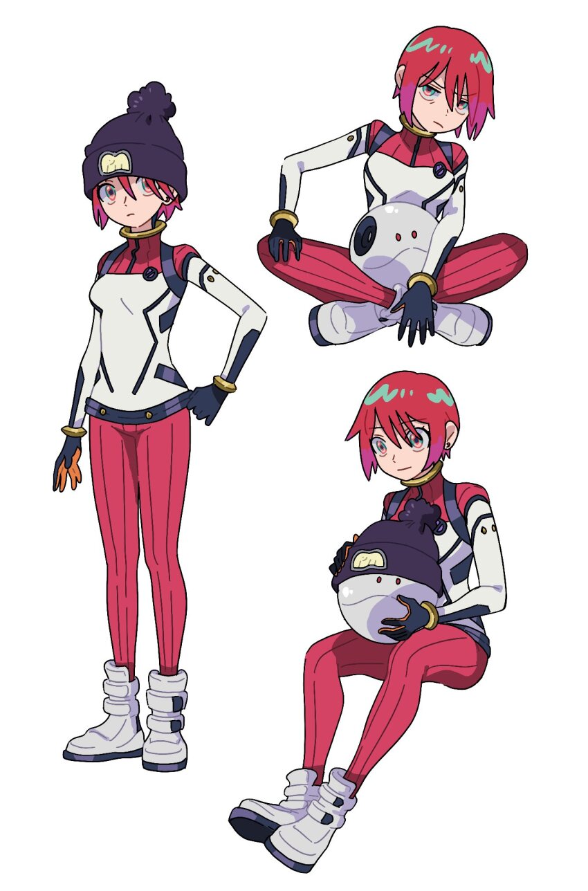 1girl amate_yuzuriha aqua_eyes beanie breasts closed_mouth dou_(mame_eee) full_body gundam gundam_gquuuuuux haro hat helmet highres holding holding_helmet long_sleeves looking_at_viewer mecha mecha_pilot_suit red_hair robot short_hair simple_background solo white_background