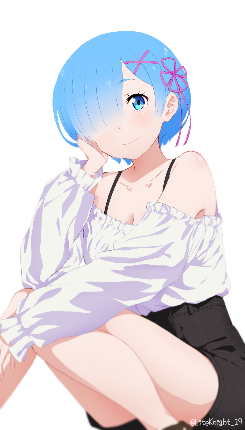 1girl bare_shoulders blue_eyes blue_hair liteknight looking_at_viewer off_shoulder re:zero_kara_hajimeru_isekai_seikatsu rem_(re:zero) short_hair simple_background smile solo