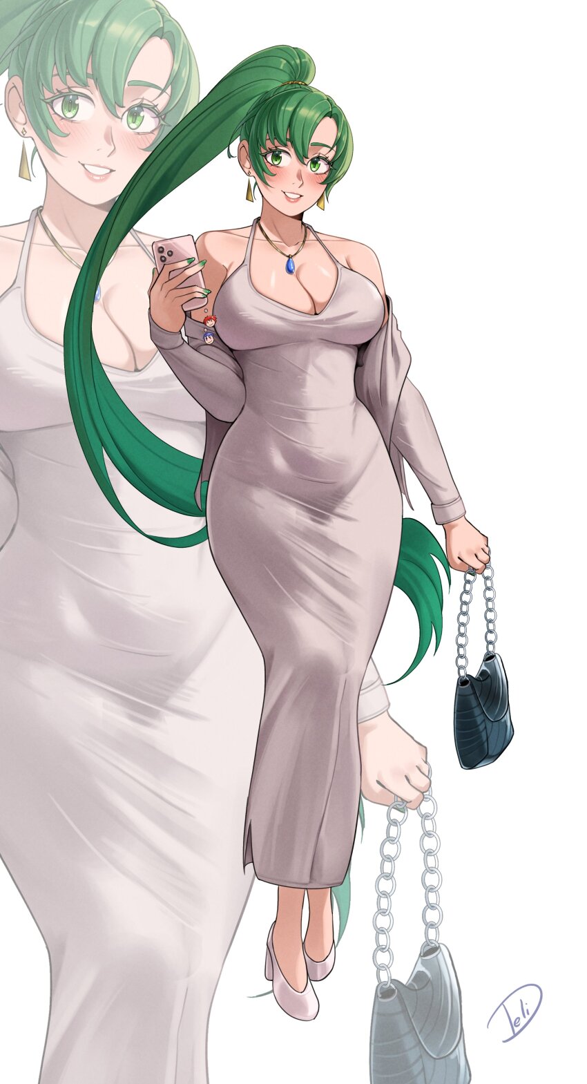 1girl absurdres alternate_costume bag breasts cellphone character_charm charm_(object) cleavage deliciousbrain dongtan_dress dress earrings fire_emblem fire_emblem:_the_blazing_blade green_eyes green_hair grey_dress handbag highres jewelry large_breasts long_hair looking_at_viewer lyn_(fire_emblem) meme_attire nintendo phone smartphone smile solo very_long_hair watermark white_footwear