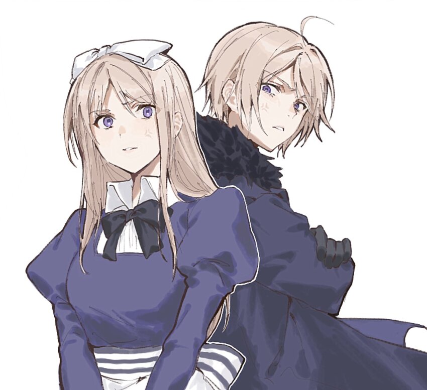 1boy 1girl ahoge anger_vein axis_powers_hetalia back-to-back belarus_(hetalia) blonde_hair blue_dress bow coat collared_dress dress fur-trimmed_coat fur_trim genderswap genderswap_(ftm) gloves hair_bow highres juliet_sleeves long_hair long_sleeves looking_at_viewer puffy_sleeves purple_eyes short_hair simple_background soji_777 upper_body white_background