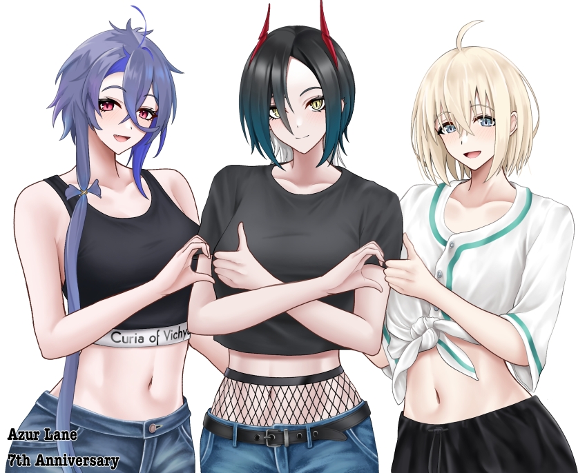 3girls alternate_costume anniversary azur_lane banba_(jakqbigone) bataan_(azur_lane) black_hair black_shirt black_tank_top blonde_hair blue_eyes blue_pants collarbone copyright_name denim foch_(azur_lane) gradient_hair hair_between_eyes heart_hands_failure highres horns jeans long_hair looking_at_viewer midriff multicolored_hair multiple_girls navel open_mouth pants purple_hair red_horns shirt short_hair smile tank_top tied_shirt ulrich_von_hutten_(azur_lane) upper_body white_shirt yellow_eyes