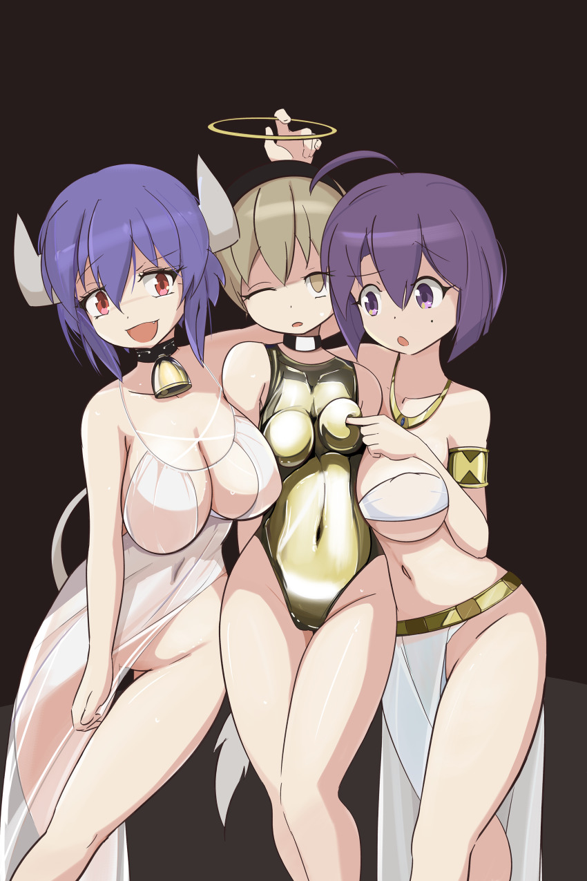 3girls absurdres ahoge ancient_egyptian_clothes black_background blonde_hair blue_hair blush breasts brown_eyes cameltoe cleavage cow_horns cow_tail cowbell fang gold_leotard halo highres horns jashin-chan_dropkick large_breasts leotard looking_at_another medusa_(jashin-chan_dropkick) minos_(jashin-chan_dropkick) minos_drawfag multiple_girls navel neck_bell no_bra no_panties one_eye_closed open_mouth pekora_(jashin-chan_dropkick) purple_eyes purple_hair red_eyes short_hair simple_background smile sweat tail yuri