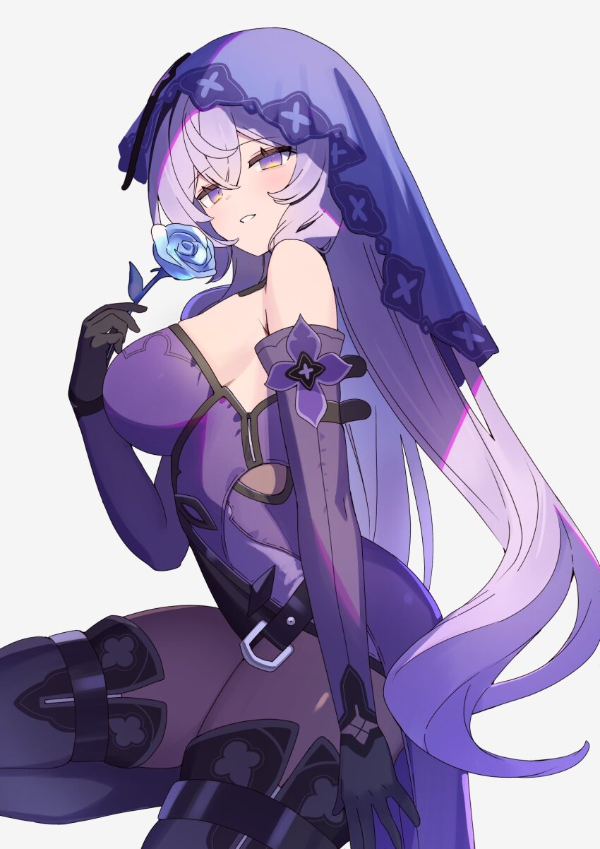 1girl bare_shoulders black_gloves black_swan_(honkai:_star_rail) blue_flower blue_rose breasts dress elbow_gloves flower gloves grey_background highres holding holding_flower honkai:_star_rail honkai_(series) large_breasts long_hair looking_at_viewer pantyhose purple_dress purple_eyes purple_hair rose simple_background sleeveless sleeveless_dress solo veil very_long_hair zenshin