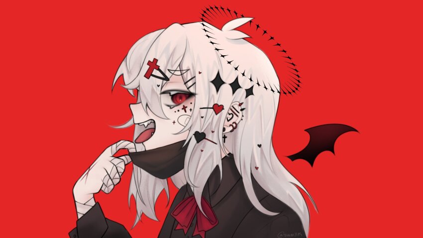 1girl bandaged_fingers bandages black_halo black_mask black_shirt bow bowtie collared_shirt demon_wings gekiyaku halo highres looking_at_viewer mask mask_pull mouth_mask open_mouth red_background red_bow red_bowtie red_eyes shirt sinmllk smile solo upper_body utau vampire_(vocaloid) wings