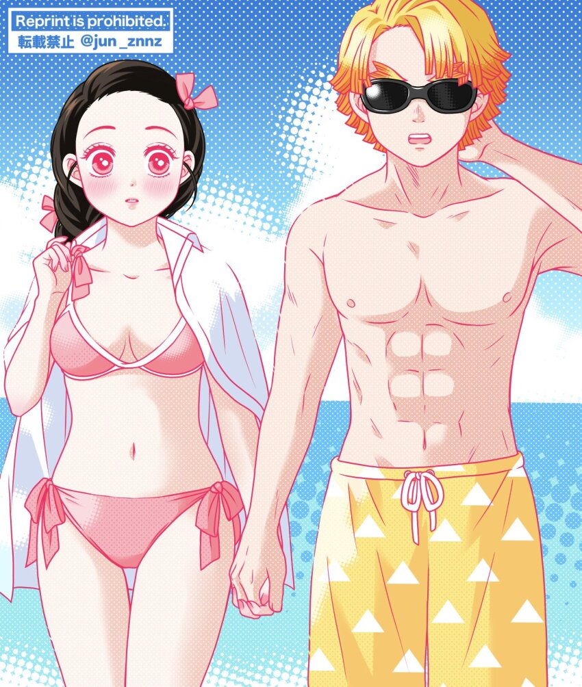 1boy 1girl agatsuma_zenitsu bikini black_hair blonde_hair blush hair_ribbon highres kamado_nezuko kapibarand1 kimetsu_no_yaiba long_hair male_swimwear muscular muscular_male navel nipples open_mouth pink_bikini pink_eyes pink_ribbon ribbon short_hair stomach sunglasses swimsuit topless_male triangle_print yellow_male_swimwear