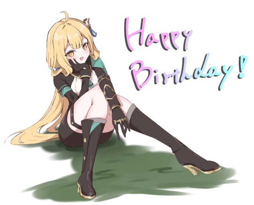 1girl :d ahoge arm_support black_footwear black_gloves black_jacket black_shorts blonde_hair boots english_text full_body gloves green_necktie hand_on_own_cheek hand_on_own_face happy_birthday high_heel_boots high_heels hiruga_agurih honkai_(series) honkai_impact_3rd jacket long_hair long_sleeves looking_at_viewer necktie open_mouth ponytail short_necktie shorts simple_background smile solo susannah_manatt susannah_manatt_(immortal_blades_uniform) susannah_manatt_(valkyrie_quicksand) very_long_hair white_background yellow_eyes