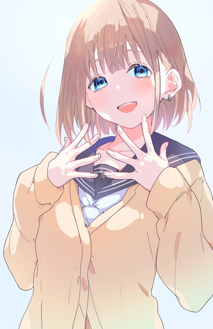 1girl blue_background blue_eyes blue_neckerchief blue_sailor_collar blush brown_hair cardigan collarbone dot_nose earrings hands_up highres idolmaster idolmaster_shiny_colors jewelry long_sleeves looking_at_viewer neckerchief open_hands open_mouth sailor_collar school_uniform serizawa_asahi short_hair simple_background smile solo teeth upper_body upper_teeth_only valentine_(02140314c) yellow_cardigan