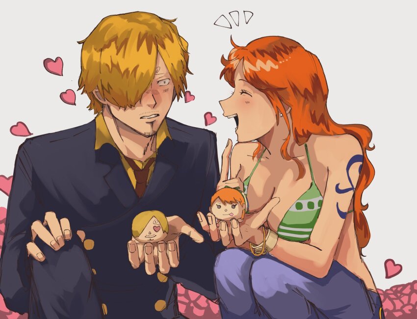 1boy 1girl blonde_hair blush breasts cleavage formal_clothes happy heart highres large_breasts long_hair nami_(one_piece) one-piece_swimsuit one_piece orange_hair pants sanji_(one_piece) smile stuffed_toy suit sushi_0302 swimsuit