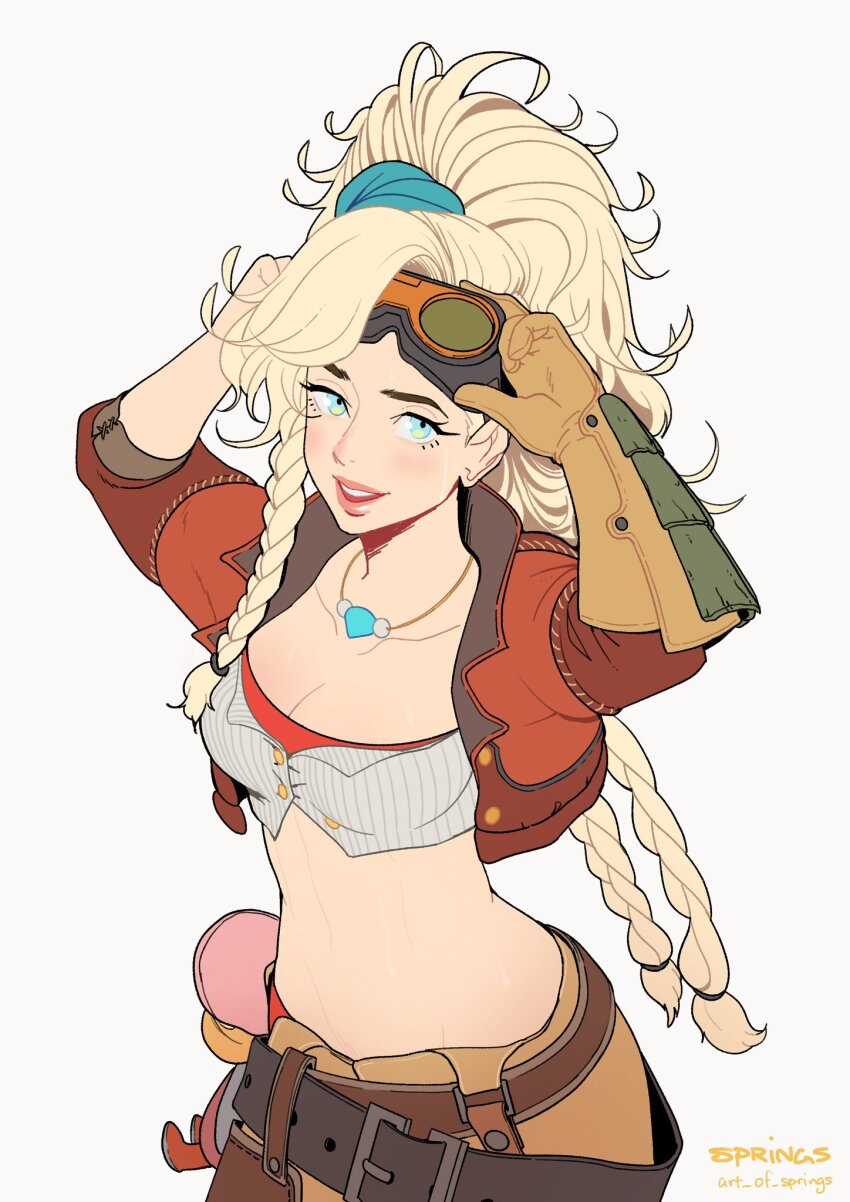 1girl adjusting_goggles art_of_springs artist_name belt blonde_hair blue_eyes braid breasts cleavage crop_top cropped_jacket gemma_(monster_hunter_wilds) goggles goggles_on_head green_scrunchie hair_ornament hair_scrunchie high_ponytail highres jacket jewelry leather leather_jacket lips long_hair looking_at_viewer midriff monster_hunter_(series) monster_hunter_wilds open_clothes open_jacket parted_lips pendant ponytail scrunchie side_braid simple_background smile solo teeth white_background