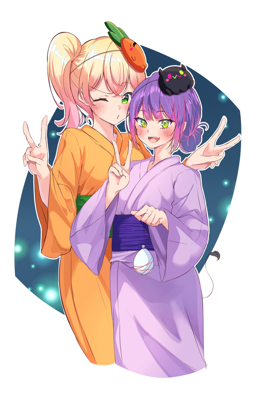 2girls absurdres alternate_costume alternate_hairstyle bibi_(tokoyami_towa) blonde_hair character_mask commentary_request cropped_legs double_v gradient_hair green_eyes hair_bun height_difference highres hololive japanese_clothes kimono mask mask_on_head momosuzu_nene multicolored_hair multiple_girls nekko_(momosuzu_nene) okome_0628 orange_kimono pink_hair pointy_ears purple_hair purple_kimono single_hair_bun streaked_hair tokoyami_towa v virtual_youtuber water_yoyo yukata