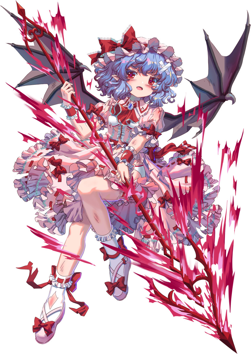 1girl absurdres ankle_ribbon ascot bat_wings blue_gemstone blue_hair bra center_frills cross-laced_footwear crossed_bandaids dress fangs footwear_ribbon frilled_dress frilled_wrist_cuffs frills full_body game_cg gem hat highres holding holding_polearm holding_weapon injury kumio leg_ribbon mob_cap non-web_source panties pink_dress pink_footwear pink_hat pink_sleeves pointy_ears polearm puffy_short_sleeves puffy_sleeves red_ascot red_eyes red_ribbon red_wrist_cuffs remilia_scarlet ribbon short_hair short_sleeves socks solo spear_the_gungnir tachi-e teardrop torn_clothes torn_dress torn_socks touhou touhou_blooming_chaos underwear weapon white_bra white_panties white_socks wings wrist_cuffs