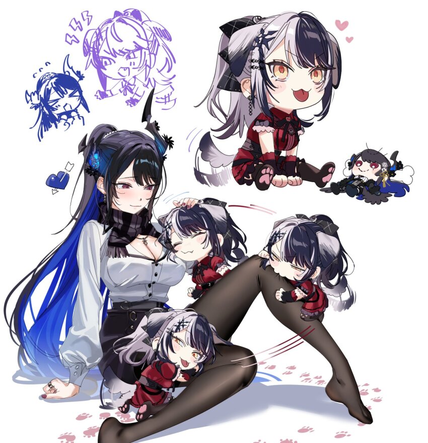 2girls asymmetrical_horns black_hair black_skirt blue_hair breasts chibi cleavage colored_inner_hair demon_horns dress earrings grey_hair highres hololive hololive_english horns jewelry kemonomimi_mode large_breasts long_hair mole mole_under_eye multicolored_hair multiple_girls multiple_views nerissa_ravencroft nerissa_ravencroft_(casual) official_alternate_costume official_alternate_hairstyle pantyhose red_dress shiori_novella shiori_novella_(casual) skirt split-color_hair two-tone_hair virtual_youtuber yellow_eyes yomosaka