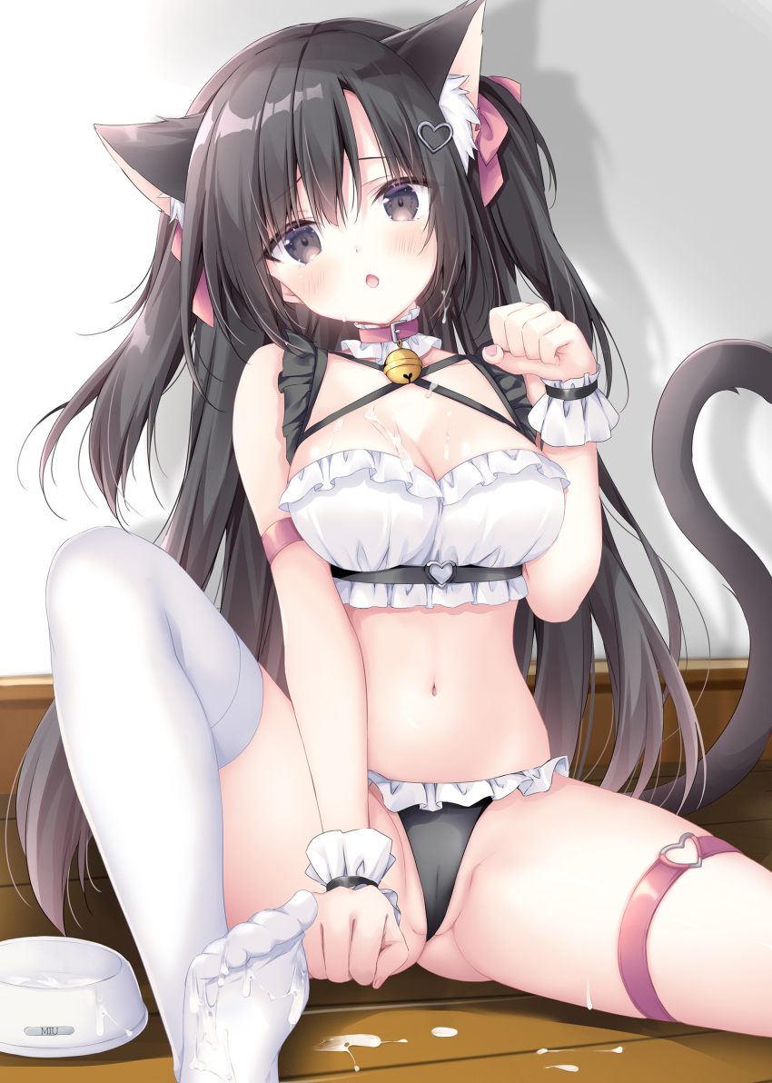 1girl absurdres animal_ears ass bell black_eyes black_hair blush breasts cat_ears cat_tail extra_ears highres korie_riko long_hair looking_at_viewer medium_breasts navel neck_bell open_mouth original paw_pose sitting solo suggestive_fluid tail thigh_strap two_side_up wrist_cuffs