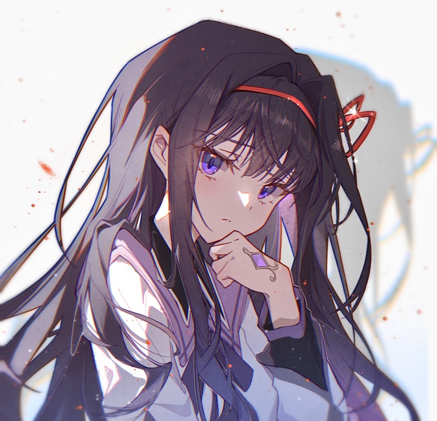 1girl akemi_homura akemi_homura_(magical_girl) black_hair chinese_commentary closed_mouth cloudyman commentary dress grey_dress hair_intakes hair_ribbon hand_on_own_chin highres light_frown long_hair long_sleeves looking_at_viewer mahou_shoujo_madoka_magica mahou_shoujo_madoka_magica_(anime) portrait procreate_(medium) purple_eyes red_ribbon ribbon shadow solo