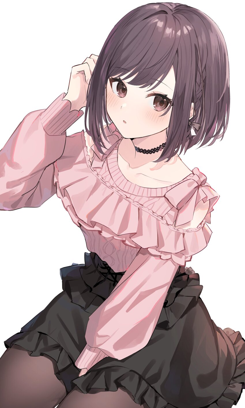 1girl absurdres between_legs black_choker black_skirt blush braid brown_eyes brown_hair choker collarbone frills hand_between_legs highres jirai_kei long_sleeves looking_at_viewer pantyhose parted_lips pink_shirt project_sekai shinonome_ena shirt short_hair simple_background sitting skirt solo white_background yuzutouhu_ika