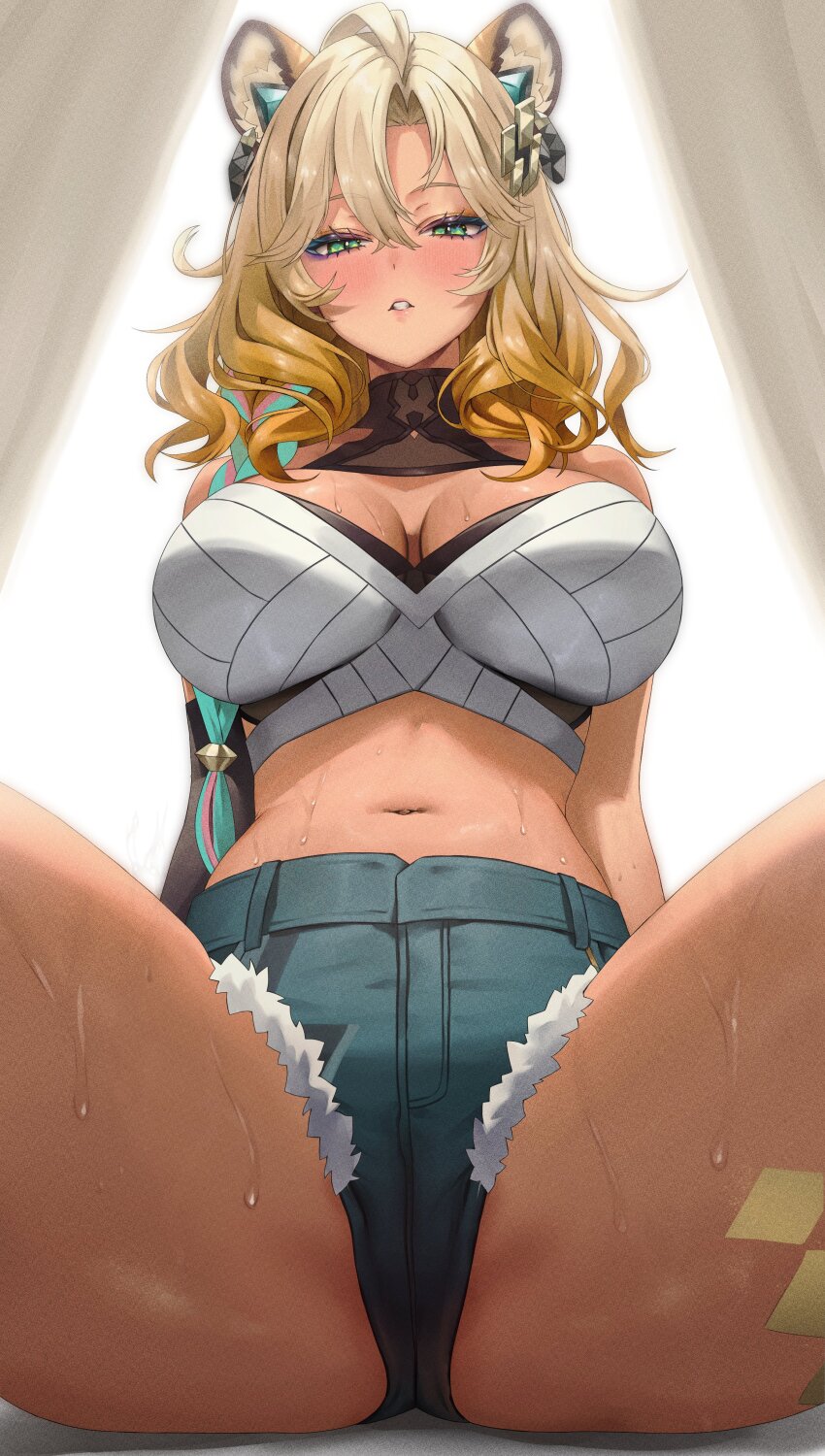 1girl absurdres animal_ears bare_shoulders black_collar blonde_hair blush braid breasts collar commentary crop_top denim denim_shorts genshin_impact green_eyes hair_between_eyes highres jaguar_ears jaguar_girl large_breasts looking_at_viewer medium_hair multicolored_hair navel parted_lips shirt shorts sitting solo spread_legs stomach streaked_hair sweat tan vitaminechan white_shirt xilonen_(genshin_impact)