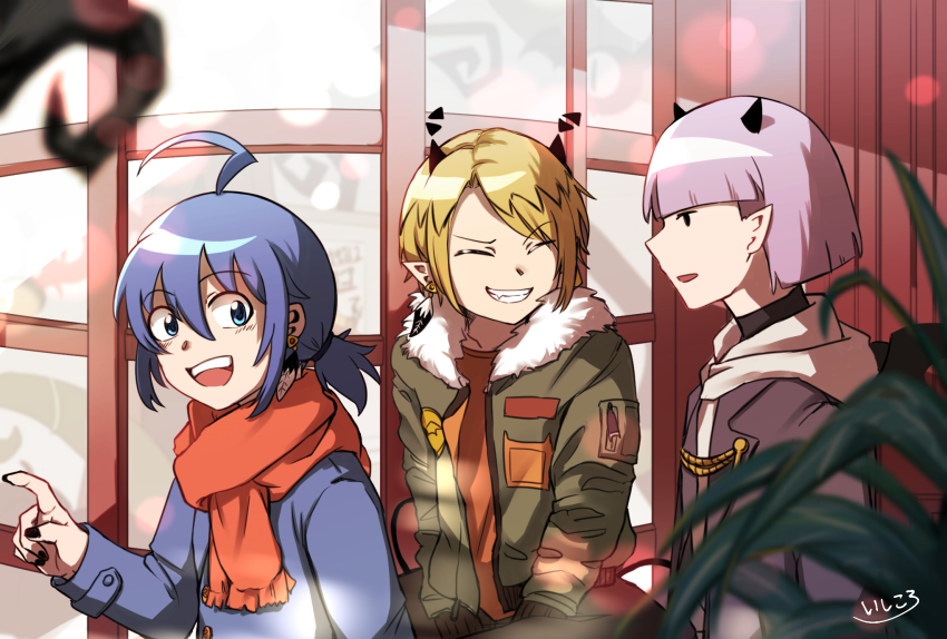 3boys ahoge black_eyes black_nails blonde_hair blunt_bangs blurry blurry_foreground closed_eyes earrings fur_trim highres horns ishi_bone jacket jewelry long_sleeves mairimashita!_iruma-kun male_focus multiple_boys nail_polish pointing purple_hair purson_soi red_scarf scarf shax_lead short_hair suzuki_iruma