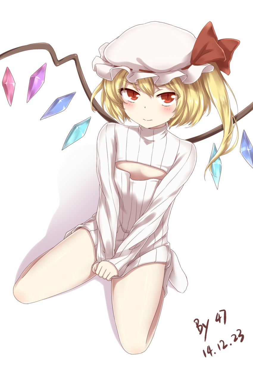 00047 1girl artist_name bad_id bad_pixiv_id blonde_hair cleavage_cutout clothes_tug clothing_cutout corrupted_metadata covering_crotch covering_privates dated female_focus flandre_scarlet flat_chest hat highres long_hair meme_attire open-chest_sweater red_eyes ribbed_sweater side_ponytail simple_background sitting socks solo sweater sweater_tug touhou turtleneck wariza white_background wings