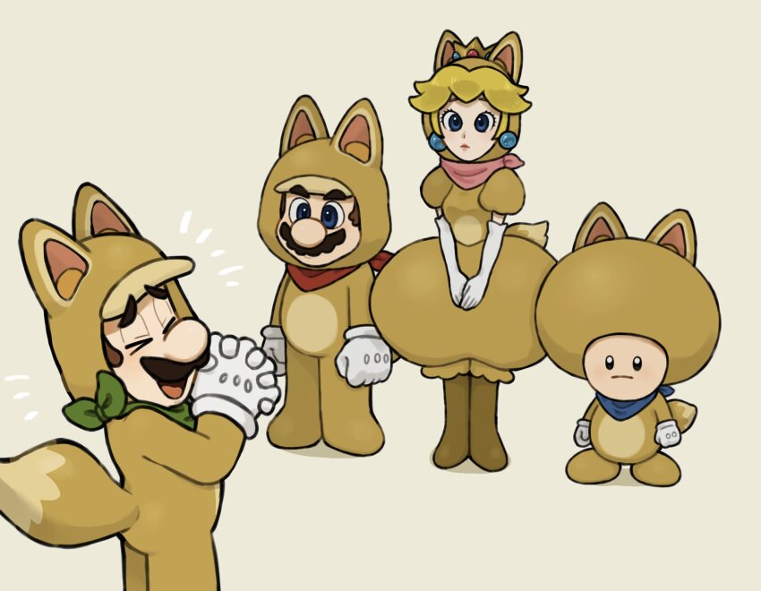 1girl 3boys blonde_hair blue_toad_(mario) brown_hair crown earrings facial_hair full_body gloves highres jewelry kitsune_luigi luigi mario mario_(series) mimimi_(mimimim9999) multiple_boys mustache nintendo princess_peach shirt short_hair super_mario_3d_world tanuki_mario tanuki_peach tanuki_toad_(mario)