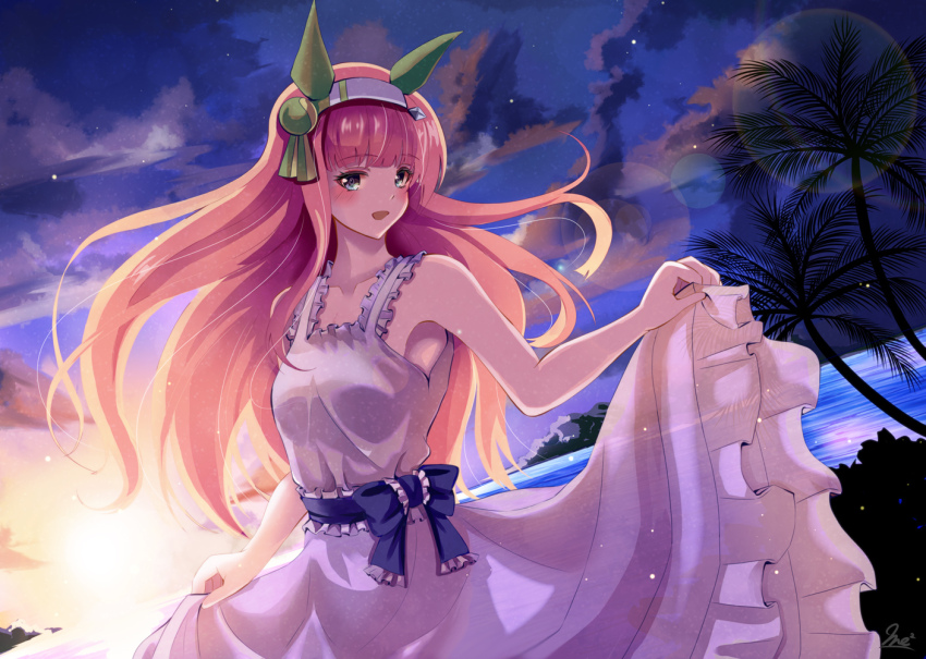 1girl :d animal_ears bare_arms bare_shoulders blue_bow blue_eyes blush bow breasts brown_hair cloud cloudy_sky commentary_request dress frilled_dress frills hairband horse_ears long_hair looking_at_viewer open_mouth palm_tree see-through_clothes signature silence_suzuka_(umamusume) skirt_hold sky small_breasts smile solo sunset tree umamusume very_long_hair water white_hairband yumibakama_meme