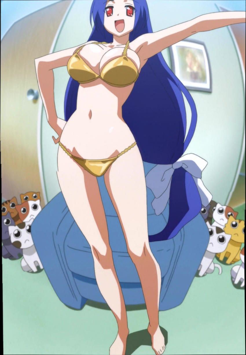 1girl absurdres anime_screenshot barefoot blue_hair breasts cleavage female_focus highres large_breasts long_hair looking_at_viewer mayoi_neko_overrun! open_mouth red_eyes smile solo standing stitched swimsuit third-party_edit tsuzuki_otome