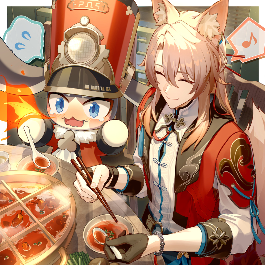 1boy 1other absurdres animal_ear_fluff animal_ears bibi_(obb_spl) blue_eyes chinese_clothes closed_eyes food fox_boy fox_ears gloves hair_between_eyes highres honkai:_star_rail honkai_(series) jacket jiaoqiu_(honkai:_star_rail) long_hair long_sleeves lop_rabbit_ears open_mouth pink_hair pom-pom_(honkai:_star_rail) rabbit_ears shirt smile