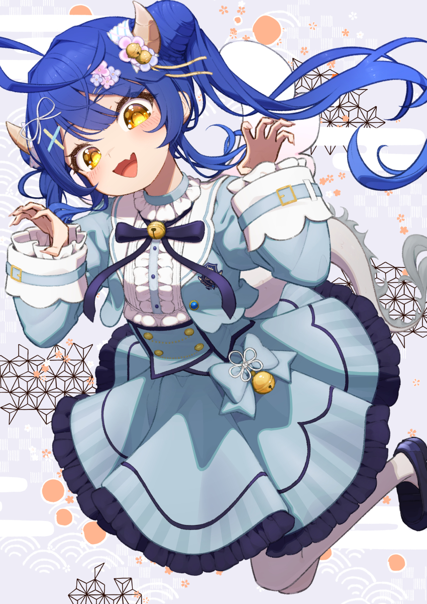 1girl absurdres ahoge amamiya_kokoro amamiya_kokoro_(1st_costume) black_footwear blue_corset blue_dress blue_hair blue_jacket blush brown_horns commentary_request corset cropped_jacket dress hair_ornament highres horns jacket juliet_sleeves long_hair long_sleeves lunch_boxer nijisanji open_clothes open_jacket open_mouth pantyhose puffy_sleeves smile solo twintails virtual_youtuber white_pantyhose x_hair_ornament yellow_eyes