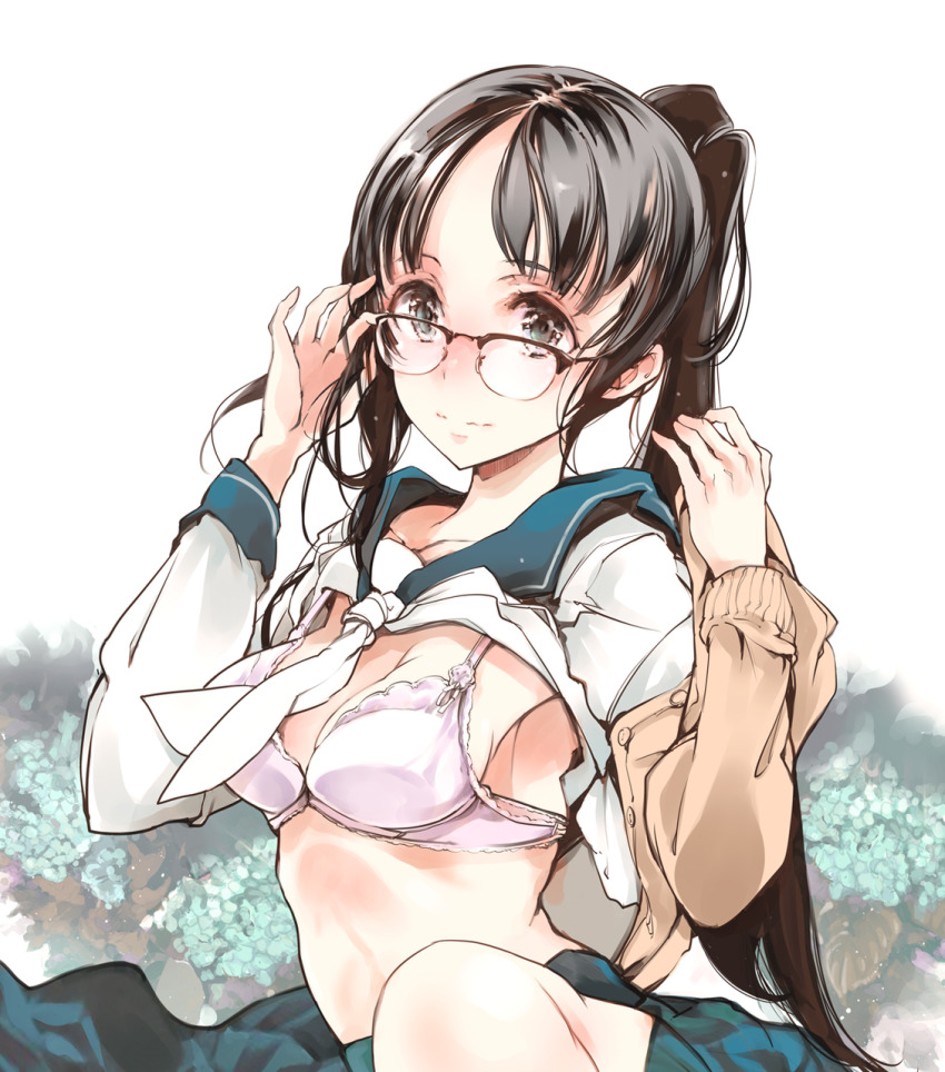 1girl :| adjusting_eyewear black-framed_eyewear black_hair blue_skirt blunt_bangs blush bra breasts brown_cardigan cardigan closed_mouth clothes_lift collarbone endou_okito forehead glasses green_eyes hand_in_own_hair highres knee_up long_hair long_sleeves looking_at_viewer medium_breasts midriff original parted_bangs pink_bra plant ponytail school_uniform serafuku shirt shirt_lift skirt solo tareme underwear very_long_hair wavy_mouth white_background white_shirt