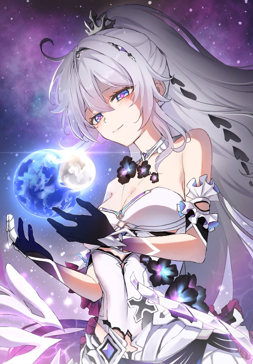 1girl blue_eyes breasts closed_mouth clothing_cutout earth_(planet) flower flower_ornament hair_between_eyes highres holding_planet honkai_(series) honkai_impact_3rd kiana_kaslana kiana_kaslana_(herrscher_of_finality) medium_breasts planet purple_flower purple_hands shirt side_cutout smile solo space star-shaped_pupils star_(symbol) symbol-shaped_pupils tiara white_hair white_shirt yudemame1027