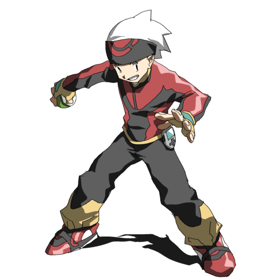 1boy beanie black_hair brendan_(pokemon) commentary_request creatures_(company) fingerless_gloves full_body game_freak gloves hat highres jacket male_focus nintendo poke_ball poke_ball_(basic) pokemon pokemon_rse shino_(2919) short_hair smile solo white_hat yellow_gloves