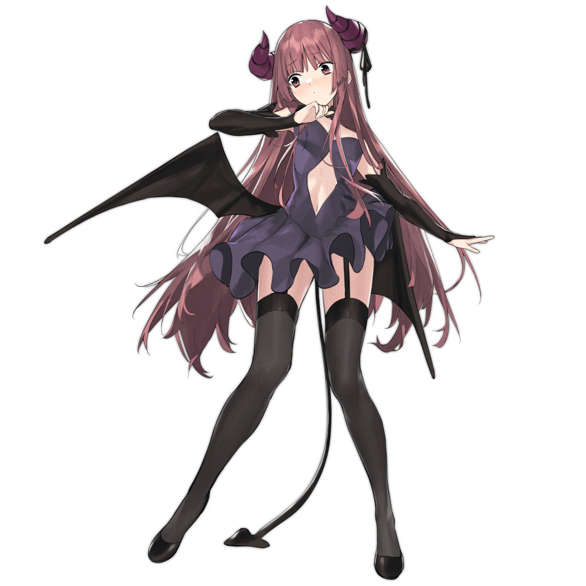 1girl bat_wings black_footwear black_ribbon black_sleeves black_thighhighs blush center_opening closed_mouth demon_horns demon_tail detached_sleeves dress embarrassed full_body garter_straps girls&#039;_frontline hair_down hanazono_yurine high_heels highres horn_ornament horn_ribbon horns jashin-chan_dropkick long_hair low_horns low_wings navel nishiro_ryoujin official_alternate_costume official_art purple_dress red_eyes red_hair ribbon simple_background solo standing tail thighhighs third-party_source transparent_background very_long_hair wings