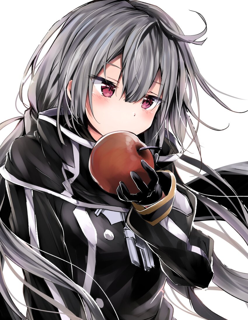 1girl apple black_gloves blush duel_monster food fruit gloves grey_hair highres holding kuromiko_shoujo long_hair long_sleeves military_uniform red_eyes scarf simple_background sky_striker_ace_-_roze solo twintails yu-gi-oh!