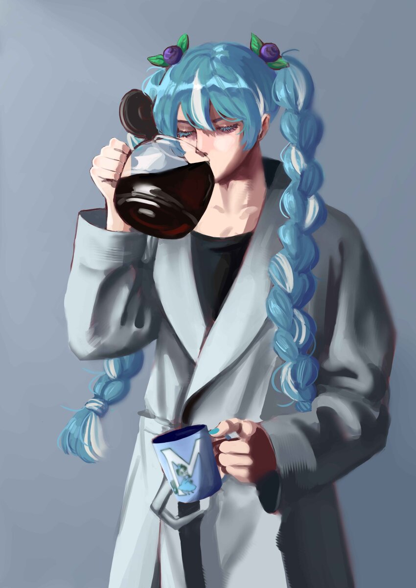 1girl absurdres aqua_nails blue_hair braid closed_eyes coat coffee coffee_pot cup drinking finland food-themed_hair_ornament fruit_hair_ornament gradient_background grey_background grey_coat hair_ornament hatsune_miku highres holding holding_cup leaf long_hair long_sleeves mug multicolored_hair soggiebagels solo streaked_hair twin_braids upper_body vocaloid white_hair