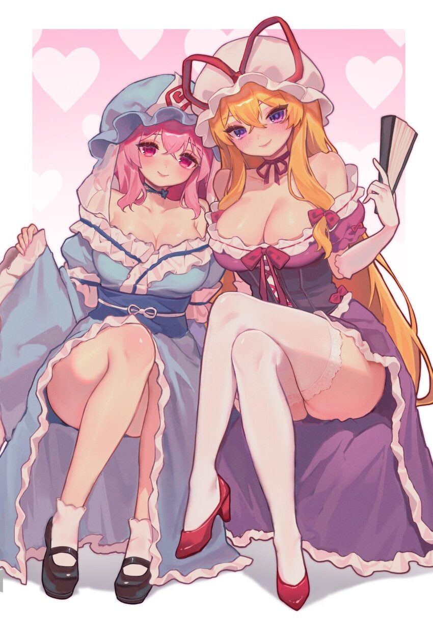 2girls bare_shoulders black_footwear blonde_hair blue_kimono bow breasts cleavage corset dress folding_fan frilled_kimono frills hair_bow hand_fan hat hat_ribbon high_heels highres japanese_clothes kimono mary_janes mob_cap multiple_girls neck_ribbon obi pink_dress pink_eyes pink_hair purple_dress qiu_ju red_footwear revealing_clothes ribbon saigyouji_yuyuko sash shoes sleeve_garter thick_thighs thighs touhou triangular_headpiece yakumo_yukari