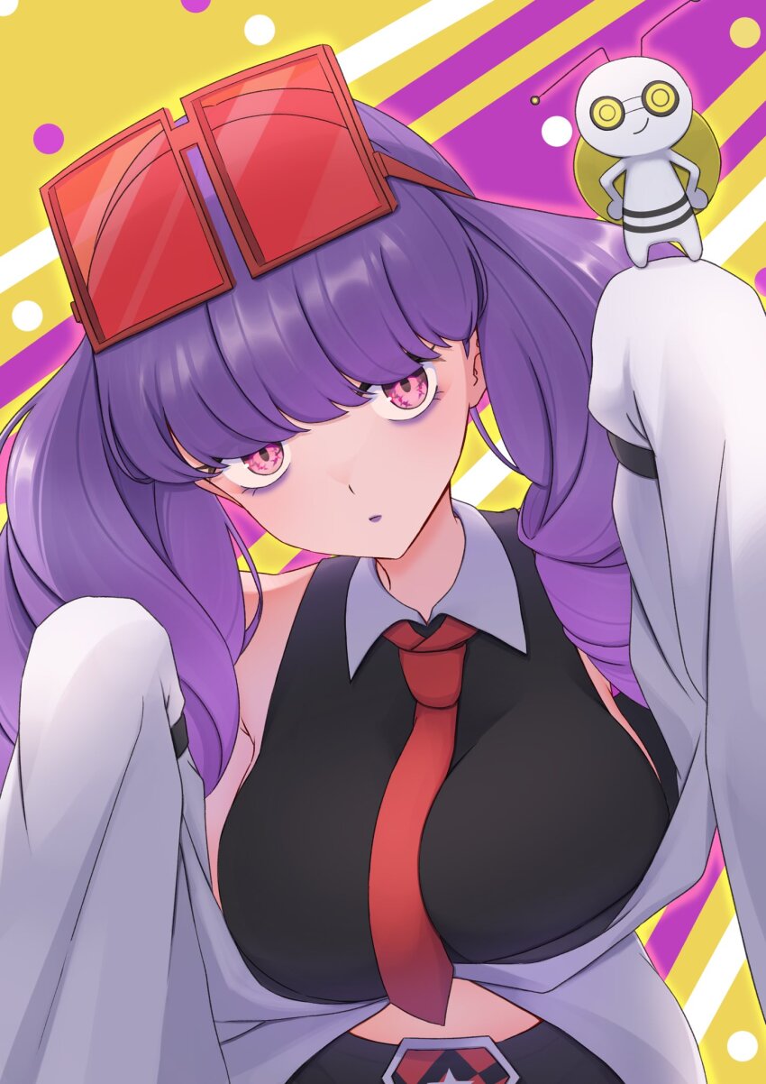 1girl blunt_bangs breasts closed_mouth creatures_(company) crop_top eyewear_on_head game_freak gimmighoul highres large_breasts long_sleeves mochitaro_(mothitaroo) necktie nintendo pink_eyes pokemon pokemon_(creature) pokemon_masters_ex purple_hair rachel_(pokemon) red-tinted_eyewear red_necktie simple_background sleeves_past_fingers sleeves_past_wrists sunglasses tinted_eyewear twintails upper_body