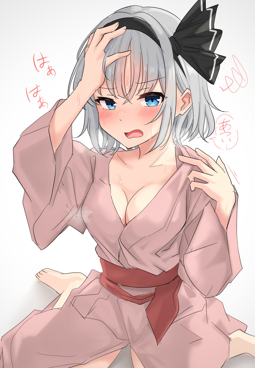 1girl absurdres adjusting_clothes barefoot black_bow black_hairband black_ribbon blue_eyes blush bob_cut bow breasts cleavage commentary forehead_blush furrowed_brow hair_between_eyes hair_bow hair_ribbon hairband hand_on_own_head highres japanese_clothes kimono konpaku_youmu looking_at_viewer medium_breasts nose_blush obi on_ground open_mouth pink_kimono red_sash ribbon sash short_hair sick simple_background sitting sketch speech_bubble squiggle steam sweat toes touhou translated very_sweaty wariza white_background white_hair youmu-kun yukata